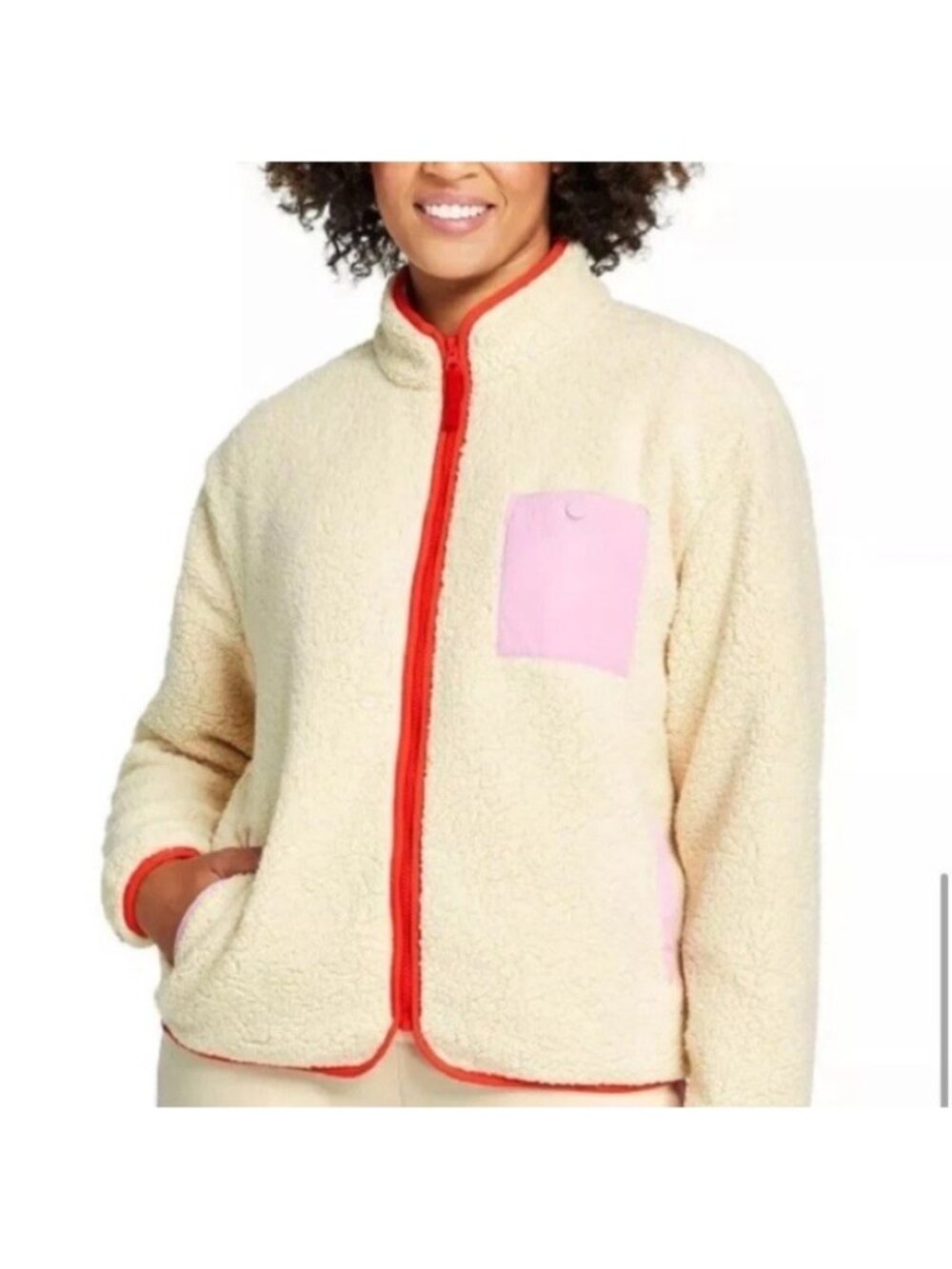 LEGO Target Women's Sherpa Fleece Jacket Large Cream Ivory Pocket Cozy Zip Up